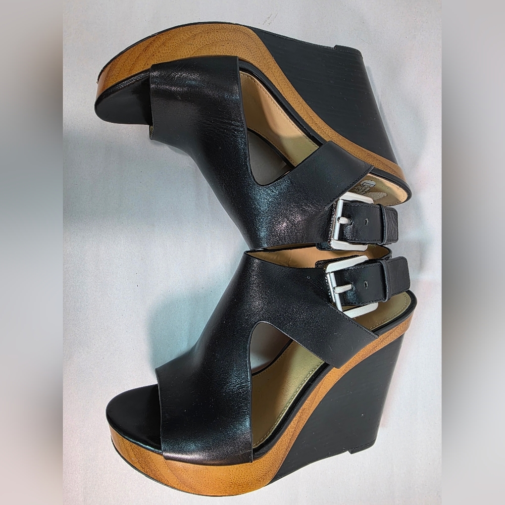 MICHAEL Michael Kors Black Leather Peep Toe Wedge Sandals Size 7M 37 - Picture 7 of 10